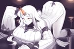  all_fours breasts detached_sleeves dress horn huge_breasts kadan_(ad1999) kantai_collection long_hair pale_skin red_eyes ribbed_dress ribbed_sweater seaport_hime shinkaisei-kan short_dress sideboob solo sweater sweater_dress top-down_bottom-up white_hair 