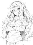  4chan :&lt; blush breasts cleavage cleavage_cutout cowboy_shot crossed_arms flower freckles greyscale hair_flower hair_ornament hairband highres large_breasts long_hair meme_attire monochrome open-chest_sweater redcomet solo standing striped sweater turtleneck vivian_james 
