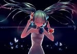  absurdres character_name closed_eyes f3d floating_hair flower green_hair hair_flower hair_ornament hatsune_miku headset highres long_hair solo twintails very_long_hair vocaloid 