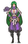  alternate_costume baggy_pants bandages breasts cleavage covered_mouth ganbare_goemon greaves green_eyes green_hair hands_on_hips highres japanese_clothes large_breasts long_hair nameo_(judgemasterkou) ninja pants scarf sideboob solo very_long_hair yae_(ganbare_goemon) 
