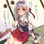  alcohol arm_support bad_id bad_pixiv_id barefoot blush bottle brown_eyes brown_gloves drunk dutch_angle gloves hakama_skirt hand_on_own_face headband japanese_clothes kantai_collection kureaki_(exit) long_hair looking_at_viewer partly_fingerless_gloves pleated_skirt red_skirt ribbon-trimmed_skirt ribbon_trim sake sake_bottle shoukaku_(kantai_collection) single_glove sitting skirt solo tokkuri very_long_hair white_hair yokozuwari yugake 