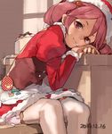  apron bow dated food food_on_face hair_bow hat head_rest kantai_collection looking_at_viewer pink_eyes pink_hair santa_costume santa_hat sazanami_(kantai_collection) sitting skirt solo thighhighs toro_(konirio) twintails white_legwear 