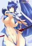  bikini blue_eyes blue_hair character_name fingerless_gloves gloves haganef hair_intakes katana long_hair mitsurugi_meiya muvluv muvluv_alternative navel ponytail smile solo swimsuit sword very_long_hair weapon 