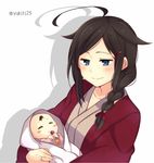  ahoge alternate_costume alternate_hairstyle baby baby_carry bad_id bad_twitter_id blue_eyes braid brown_hair carrying haori japanese_clothes jewelry kantai_collection mother_and_daughter motherly multiple_girls ring shigure_(kantai_collection) wedding_band yukichi_(eikichi) 