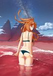  ass bra from_behind hayden_mackenzie highres long_hair looking_back neon_genesis_evangelion panties rebuild_of_evangelion shikinami_asuka_langley solo souryuu_asuka_langley underwear underwear_only wading 