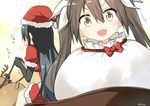  antlers black_hair brown_eyes brown_hair chikuma_(kantai_collection) christmas commentary double_bun hair_ribbon hat highres in_container in_sack kantai_collection long_hair looking_at_viewer multiple_girls naka_(kantai_collection) open_mouth reindeer reins ribbon ryuki_(ryukisukune) sack santa_costume santa_hat smile tone_(kantai_collection) twintails white_ribbon 