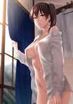  breasts brown_eyes brown_hair cowboy_shot curtains jpeg_artifacts kaga_(kantai_collection) kantai_collection large_breasts looking_at_viewer naked_shirt navel no_panties off_shoulder open_clothes open_shirt shirt short_hair shoukaki_(earthean) side_ponytail solo sunlight window 