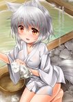  animal_ears bathroom breasts cleavage collarbone inubashiri_momiji japanese_clothes kei_kei kimono kneeling large_breasts open_mouth red_eyes sash silver_hair smile solo tail touhou translated wash_cloth wolf_ears wolf_tail yukata 