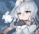  aqua_eyes aqua_hair breath chestnut_mouth coat cold dated flat_cap hammer_and_sickle hat hibiki_(kantai_collection) kantai_collection long_hair mittens mku scarf snow solo striped striped_scarf twitter_username upper_body verniy_(kantai_collection) winter_clothes 