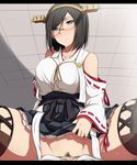  1girl bad_id bad_pixiv_id black_eyes black_hair blush detached_sleeves glasses hair_ornament hetero highres kantai_collection kirishima_(kantai_collection) letterboxed no_panties nontraditional_miko pubic_hair sblack skirt solo_focus thighhighs 