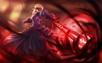  armor armored_dress artoria_pendragon_(all) battle blonde_hair dark_excalibur dress fate/stay_night fate_(series) highres saber_alter solo sword visor weapon zhuore_zhi_hen 