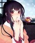  akagi_(kantai_collection) black_hair breathing_on_hands flower fuyuneko haori japanese_clothes jewelry kantai_collection long_hair red_eyes ring solo 