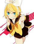  4_(nakajima4423) arm_warmers blonde_hair blue_eyes character_name grin hair_ornament hair_ribbon hairclip kagamine_rin long_hair ribbon sailor_collar smile vocaloid 