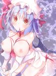  bat_wings blue_hair blush breasts dress dress_pull fang hat hat_ribbon juliet_sleeves lactation large_breasts long_sleeves mob_cap mouth_hold nagii_yuki nipples puffy_sleeves red_eyes remilia_scarlet ribbon ribbon_in_mouth smile solo thighhighs topless touhou white_dress white_legwear wings 