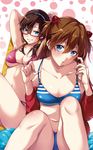  arms_up bad_id bad_pixiv_id bikini blue_bikini blue_eyes blush breasts brown_hair collarbone glasses grin hairband highres long_hair looking_at_viewer makinami_mari_illustrious medium_breasts multiple_girls navel neon_genesis_evangelion pink_bikini rebuild_of_evangelion shikinami_asuka_langley shouno_kotarou sitting smile souryuu_asuka_langley strap_pull swimsuit underboob 