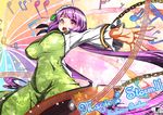  biwa_lute breasts chain dress floral_print flower green_dress hair_flower hair_ornament instrument large_breasts long_hair long_sleeves low_twintails lute_(instrument) musical_note open_mouth purple_eyes purple_hair shirt solo touhou tsukumo_benben twintails umigarasu_(kitsune1963) very_long_hair 