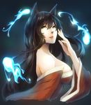  aerlai ahri animal_ears bare_shoulders black_hair breasts detached_sleeves fireball fox_ears hitodama korean_clothes large_breasts league_of_legends lips long_hair nose sideboob solo yellow_eyes 