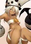  bare_shoulders belt beltbra blonde_hair blush breasts creature dark_skin dd_mayohara guilty_gear guilty_gear_xrd hat long_hair looking_at_viewer medium_breasts orange_eyes ramlethal_valentine short_shorts shorts solo tan_background thigh_strap underboob 