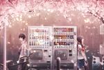  1girl bad_id bad_pixiv_id bag bicycle black_hair cherry_blossoms closed_eyes domik ground_vehicle holding long_hair open_mouth original petals recycle_bin school_bag school_uniform serafuku short_hair smile spring_(season) vending_machine 