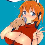  alternate_costume animal_ears blue_background blue_eyes blush breasts bunny_ears charlotte_e_yeager cleavage cleavage_cutout drinking em large_breasts long_hair looking_at_viewer meme_attire open-chest_sweater orange_hair ribbed_sweater sleeveless sleeveless_turtleneck solo strike_witches sweater turtleneck upper_body v world_witches_series 