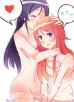  absurdres aragaki_ayase bad_id bad_pixiv_id black_hair blue_eyes closed_eyes fang harurun_zw heart highres kousaka_kirino long_hair meme_attire multiple_girls open-chest_sweater orange_hair ore_no_imouto_ga_konna_ni_kawaii_wake_ga_nai spoken_heart spoken_sweatdrop sweatdrop sweater turtleneck 