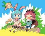  animal_ears bird blonde_hair blue_eyes blue_hair boots brown_eyes bunny_ears bunny_tail candy chibi closed_eyes curly_hair drill_hair eating fang flower food hair_ornament hair_ribbon hood hoodie kanikama kemonomimi_mode kneehighs kuppy_ramune log mahou_shoujo_madoka_magica midriff miki_sayaka multiple_girls open_mouth plaid plaid_skirt ponytail red_hair ribbon sakura_kyouko school_uniform short_hair shorts skirt smile squirrel_ears squirrel_tail tail tomoe_mami white_legwear 