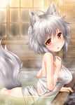  animal_ears ass bathing blush breasts inubashiri_momiji kei_kei large_breasts looking_at_viewer naked_towel open_mouth red_eyes short_hair silver_hair solo tail touhou towel wolf_ears wolf_tail 