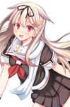  :3 bangs black_serafuku black_skirt blonde_hair blush hair_flaps hair_ornament hair_ribbon hairclip japanese_clothes kamanatsu kantai_collection long_hair looking_at_viewer open_mouth pleated_skirt red_eyes remodel_(kantai_collection) ribbon sailor_collar scarf school_uniform serafuku skirt solo white_background white_scarf yuudachi_(kantai_collection) 