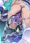  angela_balzac ass bare_shoulders blonde_hair blue_eyes breasts covered_navel elbow_gloves gloves headgear jpeg_artifacts large_breasts leotard long_hair looking_at_viewer low_twintails matsuryuu purple_leotard rakuen_tsuihou solo spread_legs thigh_strap top-down_bottom-up twintails very_long_hair 