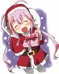  :o ahoge blush buckle closed_eyes cowboy_shot double_bun gift glasses hachi_(8bit_canvas) hat holding holding_gift incoming_gift kantai_collection long_sleeves makigumo_(kantai_collection) pantyhose pink_hair santa_costume santa_hat sleeves_past_wrists twintails 