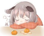  akagashi_hagane animal animal_ears blanket blush closed_eyes food fruit grey_hair mandarin_orange mouse mouse_ears nazrin short_hair simple_background sleeping solo touhou white_background 