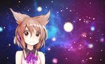  :3 brown_eyes brown_hair dress earmuffs looking_at_viewer makuwauri pointy_hair short_hair sky sleeveless sleeveless_dress solo star star_(sky) starry_background starry_sky touhou toyosatomimi_no_miko upper_body 