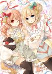  black_legwear blonde_hair blue_eyes brown_eyes brown_hair dress hair_ornament looking_at_viewer lying multiple_girls on_back one_eye_closed open_mouth original puracotte short_hair side_ponytail smile stuffed_animal stuffed_toy thighhighs twintails 