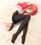  black_gloves blush bonnie_(rsg) breasts capelet christmas elbow_gloves gloves hino_kahoko la_corda_d'oro lying on_side red_hair short_hair small_breasts solo thighhighs yellow_eyes 