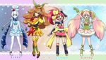  :d arms_up blue_eyes blue_scarf blue_skirt boots bow braid brooch brown_hair character_name crossed_legs cure_daisy_(galibo) cure_flare_(galibo) cure_maple_(galibo) cure_snow_(galibo) expressionless fingerless_gloves full_body galibo gloves hair_bow hair_bun hat high_heels jewelry kano_momiji_(galibo) knee_boots long_hair magical_girl matou_yukino_(galibo) multicolored multicolored_background multiple_girls open_mouth original pantyhose pink_bow pink_hair ponytail precure puffy_sleeves purple_eyes red_hair ribbon sandals scarf shoes short_hair shorts sidelocks skirt smile standing striped striped_scarf tarano_may_(galibo) twin_braids twintails uchiage_hanabi_(galibo) white_hair white_legwear yellow_eyes 