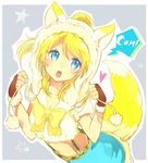  alternate_costume animal_ears animal_hat arched_back ayase_eli blonde_hair blue_eyes bow bowtie clenched_hands fox_ears fox_hat fox_tail fur_trim hat heart kakizato long_hair love_live! love_live!_school_idol_project midriff onomatopoeia open_mouth outline pom_pom_(clothes) ponytail romaji short_sleeves skirt solo speech_bubble standing star suspender_skirt suspenders tail yellow_bow 