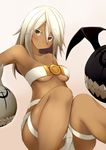  bare_shoulders belt beltbra blonde_hair blush breasts creature dark_skin dd_mayohara guilty_gear guilty_gear_xrd long_hair looking_at_viewer medium_breasts no_hat no_headwear orange_eyes ramlethal_valentine short_shorts shorts solo tan_background thigh_strap underboob 