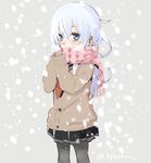 blue_eyes cardigan hibiki_(kantai_collection) kantai_collection long_hair natsupa pantyhose scarf silver_hair snowing solo 