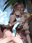  absurdres ass ayase_eli beach bikini black_bikini black_swimsuit blonde_hair blue_eyes blush bow brown_hair casual_one-piece_swimsuit cloud coconut_tree couple day floral_print frilled_bikini frilled_swimsuit frills hair_bow hair_ornament hairclip hand_on_another's_chin highres kousaka_honoka legs long_hair love_live! love_live!_school_idol_project md5_mismatch multiple_girls navel one-piece_swimsuit one_side_up open_clothes open_mouth open_shirt outdoors palm_tree ponytail print_shirt sanka! shirt sky swimsuit tree yuri 