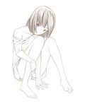  barefoot monochrome off-shoulder_sweater off_shoulder original short_hair sitting sketch sleeves_past_wrists solo sweater toe-point traditional_media yoshitomi_akihito 