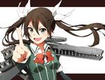  bow bowtie brown_hair green_eyes hair_ribbon kantai_collection long_hair pointing ribbon smile tone_(kantai_collection) turret twintails uniform usui_(h446) white_ribbon 