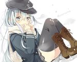  1girl blue_eyes boots chiyu_(cotoritori) coat cross-laced_footwear hat hibiki_(kantai_collection) kantai_collection long_hair looking_at_viewer panties pantyshot pantyshot_(sitting) scarf silver_hair sitting solo thighhighs twitter_username underwear white_panties 