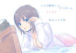  aoyama_sumika bangs breasts coffee-kizoku eyebrows_visible_through_hair looking_at_viewer lying medium_breasts on_stomach original sketch solo translation_request 
