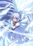  blue_dress blue_eyes blue_hair bow cirno commentary dress hair_bow ice ice_wings looking_at_viewer open_mouth puffy_short_sleeves puffy_sleeves racer_(magnet) shirt short_sleeves solo touhou wings 