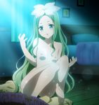  1girl areolae barefoot bed bed_sheet bedroom bent_knees blue_eyes breasts celine feet flower flower_on_head green_hair indoors long_hair moonlight night nipples nude open_mouth screencap sitting sitting_on_floor small_breasts solo to_love-ru to_love-ru_darkness very_long_hair wooden_floor xebec 