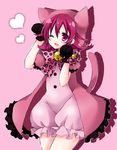  ;d aida_mana animal_hood bell black_gloves cat_tail dokidoki!_precure fang gloves heart hood okayashi one_eye_closed open_mouth panther_pink_(precure) paw_pose pink_background pink_eyes pink_hair precure short_hair simple_background smile solo tail 