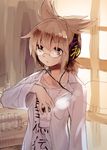  alternate_costume bespectacled brown_eyes brown_hair casual coffee collarbone collared_shirt contemporary cup disposable_cup glasses headphones makuwauri open_clothes open_shirt pointy_hair rimless_eyewear round_eyewear shirt short_hair solo steam t-shirt touhou toyosatomimi_no_miko 