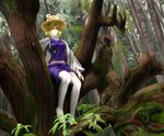  bad_id bad_pixiv_id blonde_hair breasts dappled_sunlight hat long_sleeves medium_breasts midriff moriya_suwako moss no_shoes pine_tree purple_skirt rubihi_susutake short_hair skirt skirt_set smile solo sunlight thighhighs touhou tree turtleneck vest white_legwear wide_sleeves yellow_eyes 