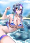  1girl absurdres azur_lane bikini bikini_bottom_aside blue_bikini blue_hair breasts cross_hair_ornament foch_(azur_lane) hair_between_eyes hair_ornament highres holding holding_clothes holding_swimsuit large_breasts looking_at_viewer mianbaoren multicolored_hair outdoors purple_hair red_eyes shiny shiny_skin short_hair_with_long_locks streaked_hair swimsuit water 