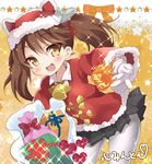  brown_eyes brown_hair gift gloves kantai_collection kokorominton long_hair pantyhose ryuujou_(kantai_collection) sack santa_costume smile twintails 